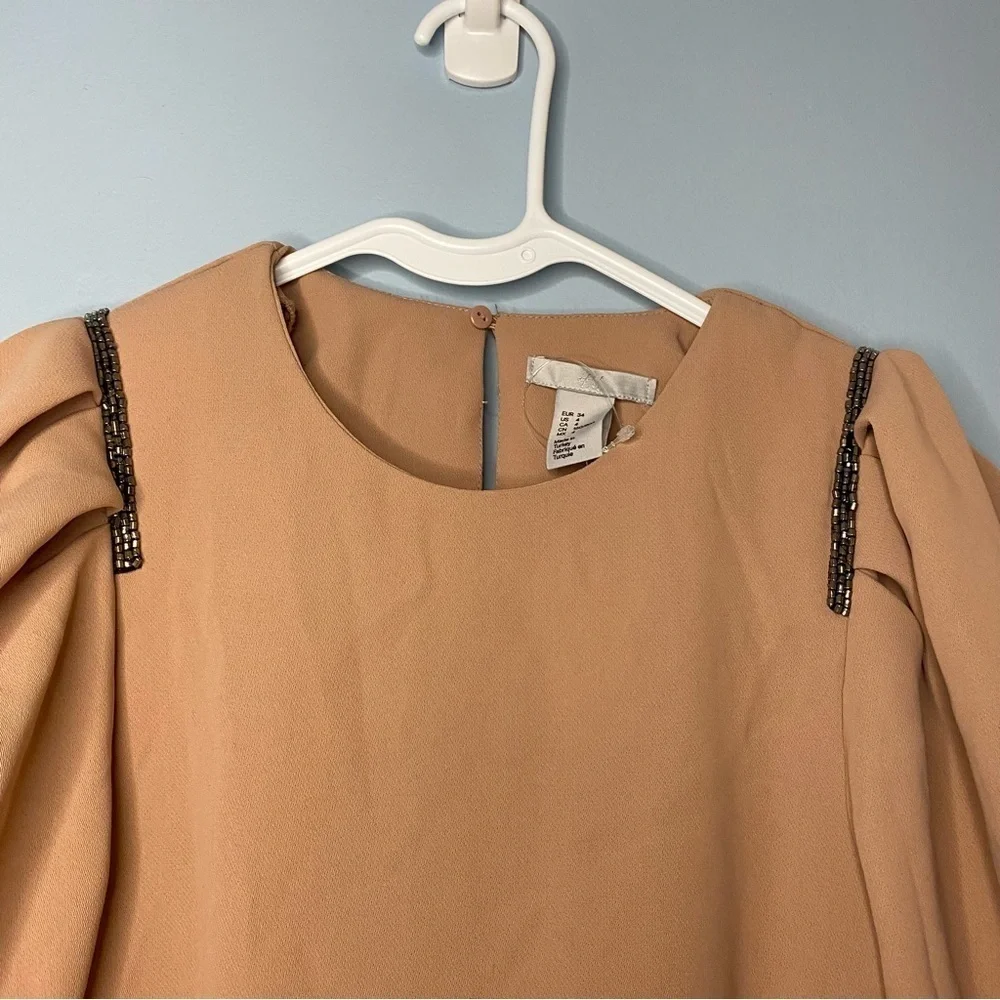 NEW H&M  MIDI Shift Dress Powder Pink Beading Detail Long Sleeve Size 4